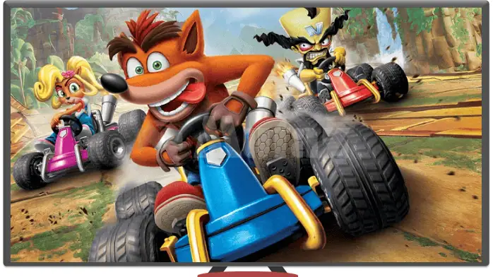 صورة شعار لعبة Crash Team Racing تتميز برسومات نابضة بالحياة وشخصيات تتسابق على مسار ملون